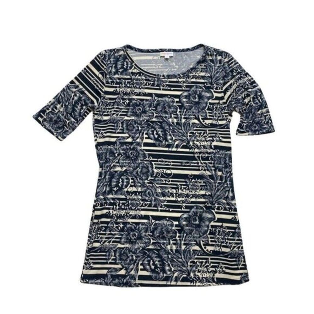 LuLaRoe Gigi‎ Blue Cream Floral Stripe Top XS NEW